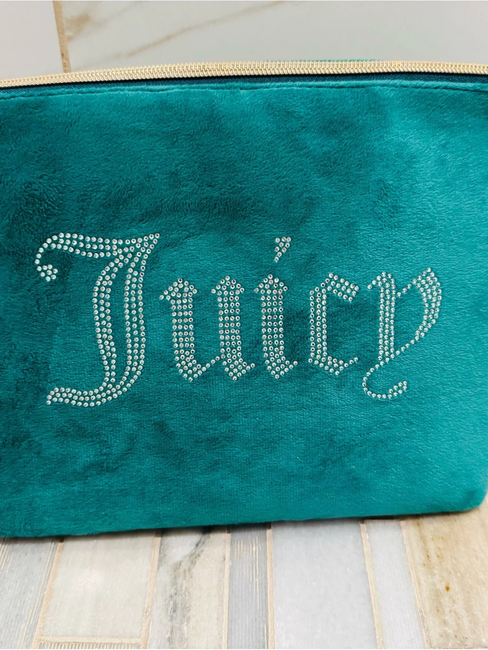 Juicy Couture Teal Velour Cosmetic Makeup Travel Pouch Rhinestone Logo